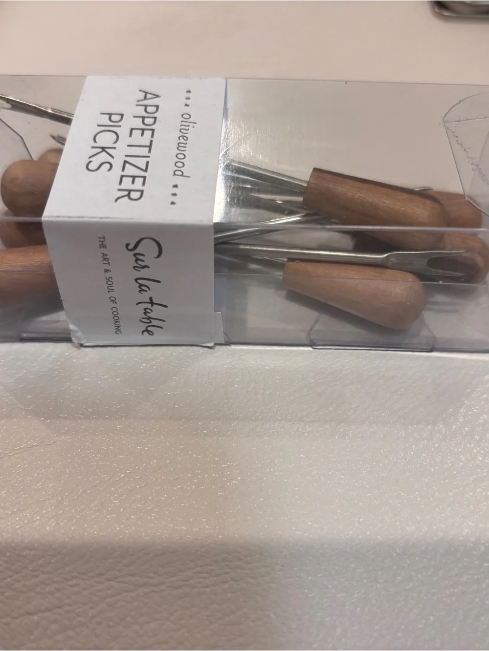 NWT “Sur La Table” (8) Olive Wood Handle w/ stainless steel DBL pronged picks